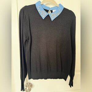Sioni Black Sweater with Blue Embellished Collar
